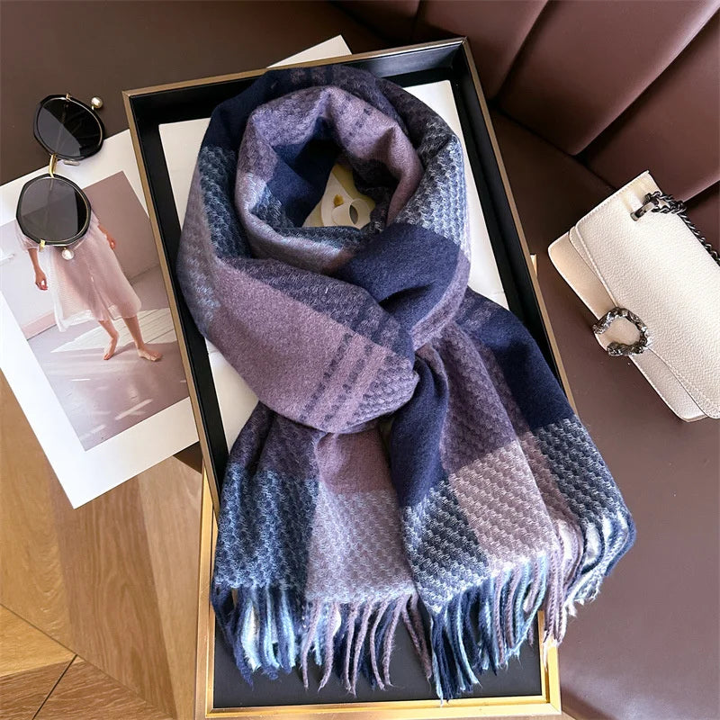 Women's plaid rectangular scarf with elegant tasseled fringed edges, Victoria long wrap style