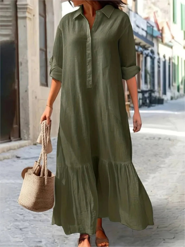 Laura tiered shirt maxi dress women breathable cotton ankle-length relaxed silhouette versatile summer