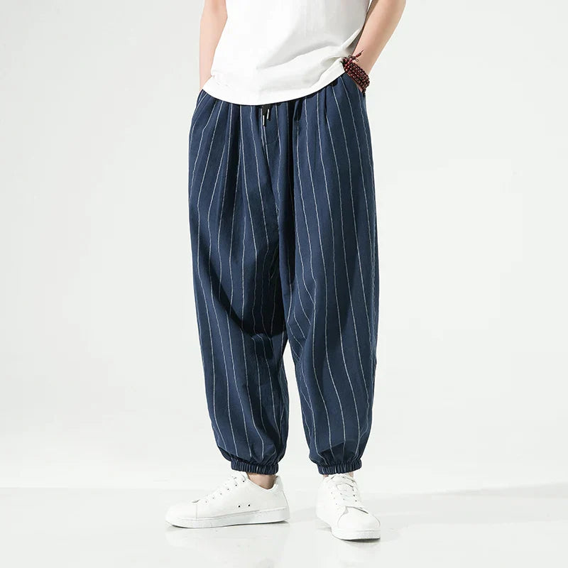 Men's relaxed fit cotton pinstripe trousers with elastic waistband, breathable and versatile everyday style