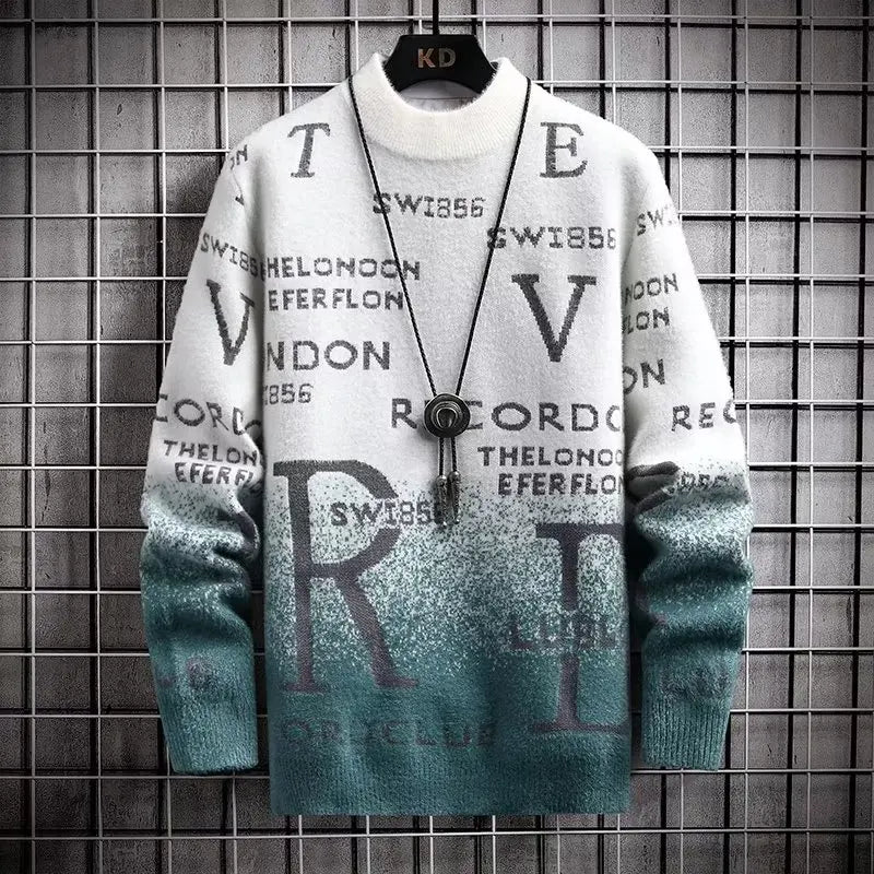 Men's relaxed-fit knit wool-feel pullover sweatshirt in neutral tone with O-neck and subtle text print