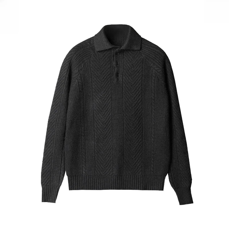 Men's slim fit cable knit polo collar sweater in wool blend with Nordic-inspired texture for layering