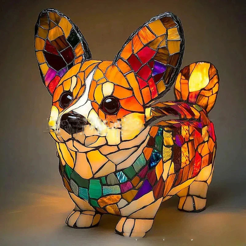Art Nouveau stained glass cat dog lamp handcrafted multicolor warm ambient light vintage decor