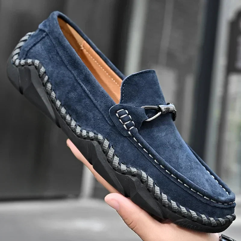 Belmont tan suede slip-on loafers with handstitched detailing, streamlined silhouette for professionals