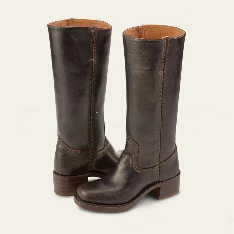 Women's wide calf knee-high boots retro square heel Western style in sleek black leather look