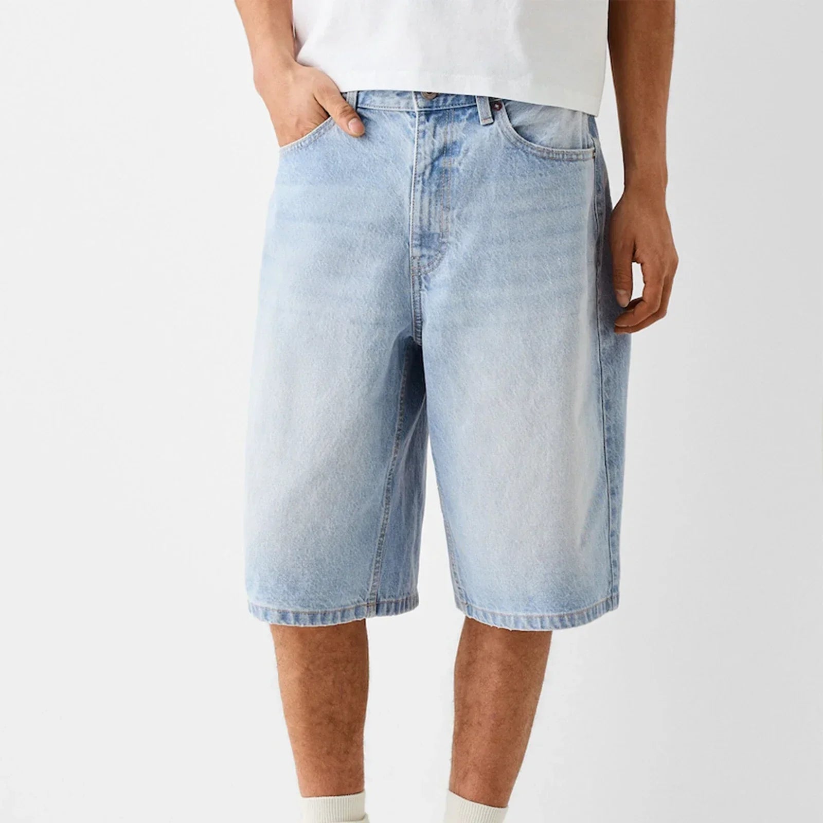 Men's wide-leg relaxed denim shorts in washed blue with reinforced stitching and five-pocket design
