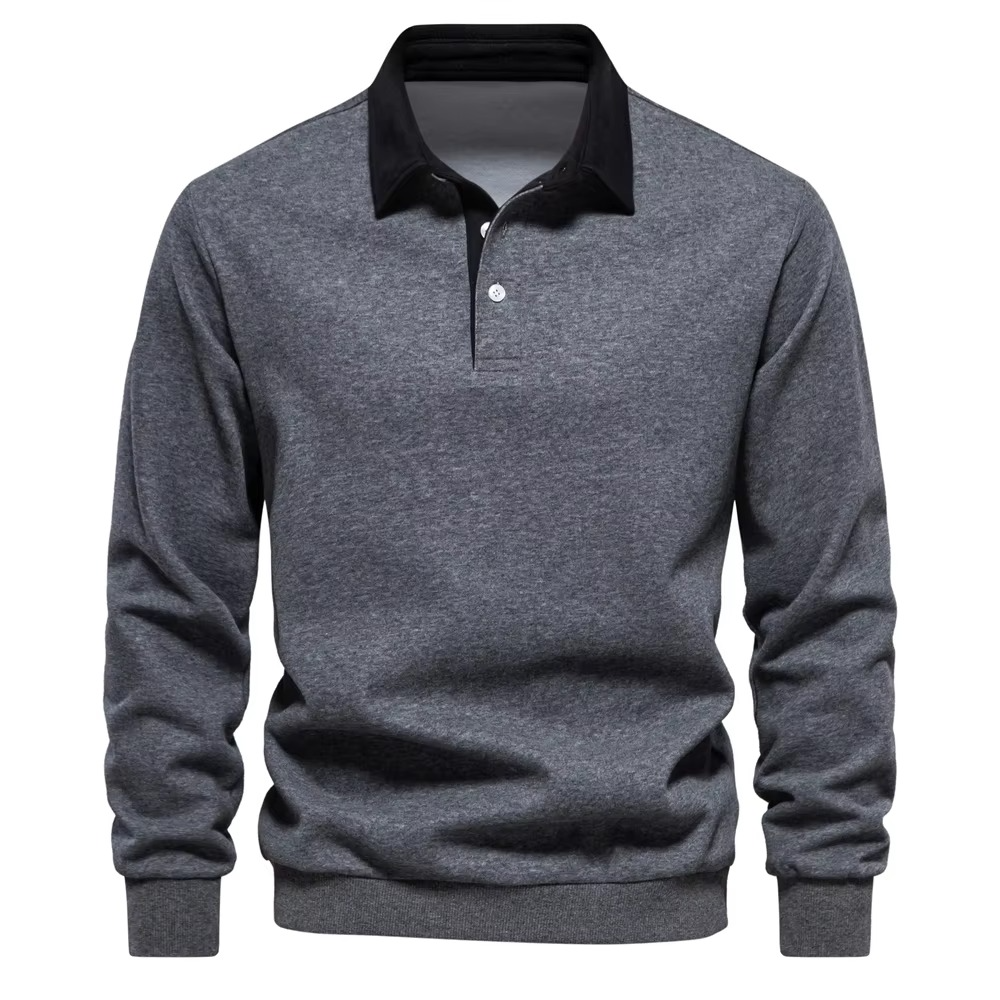 Men's navy blue polo neck cotton sweatshirt with ribbed collar, versatile work-to-weekend relaxed fit