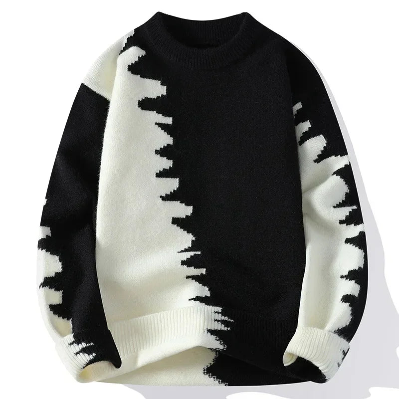 Men's two-tone knit sweater relaxed fit with jagged color-block abstract pattern for winter