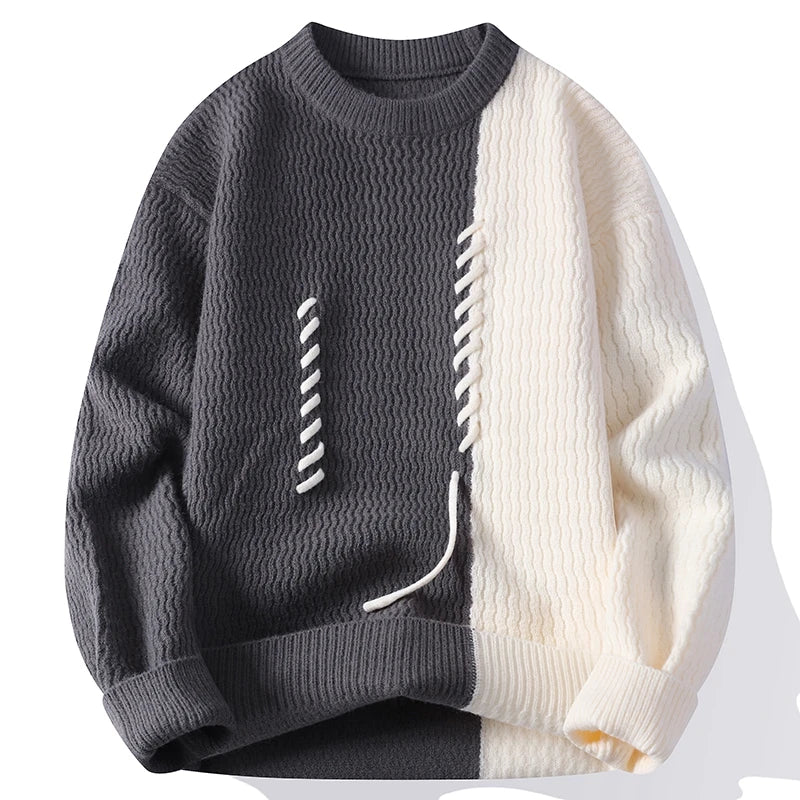 Cream and brown two-tone textured knit sweater with stitched smiley motif, relaxed casual fit