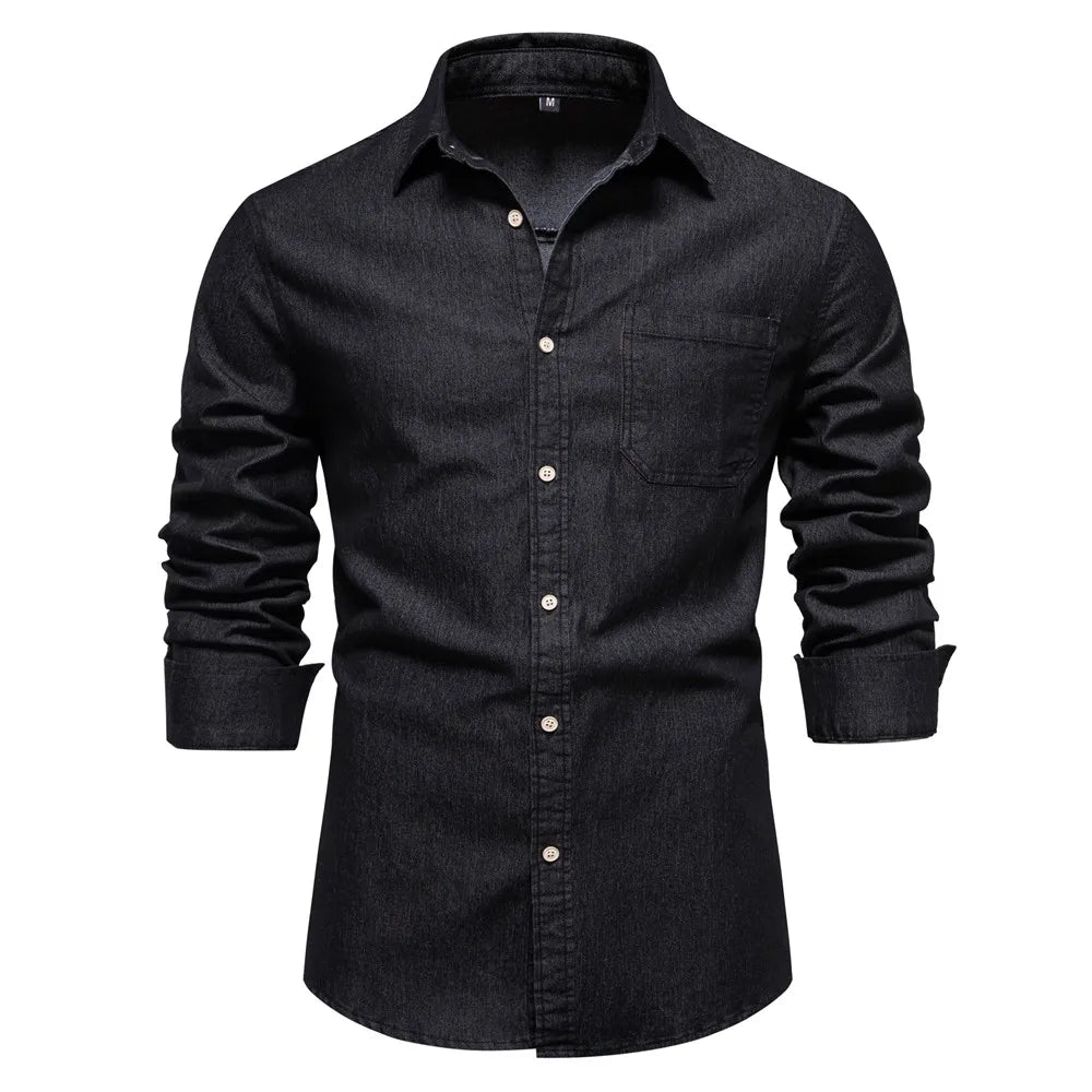 Hunter men's light blue denim button-up shirt slim fit casual smart style contrast stitching