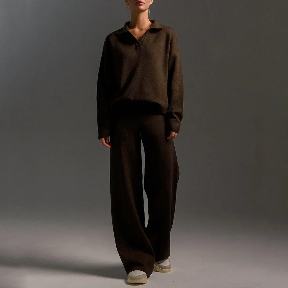 Women's relaxed fit collared V-neck sweater wide leg pants set cozy casual two-piece ensemble