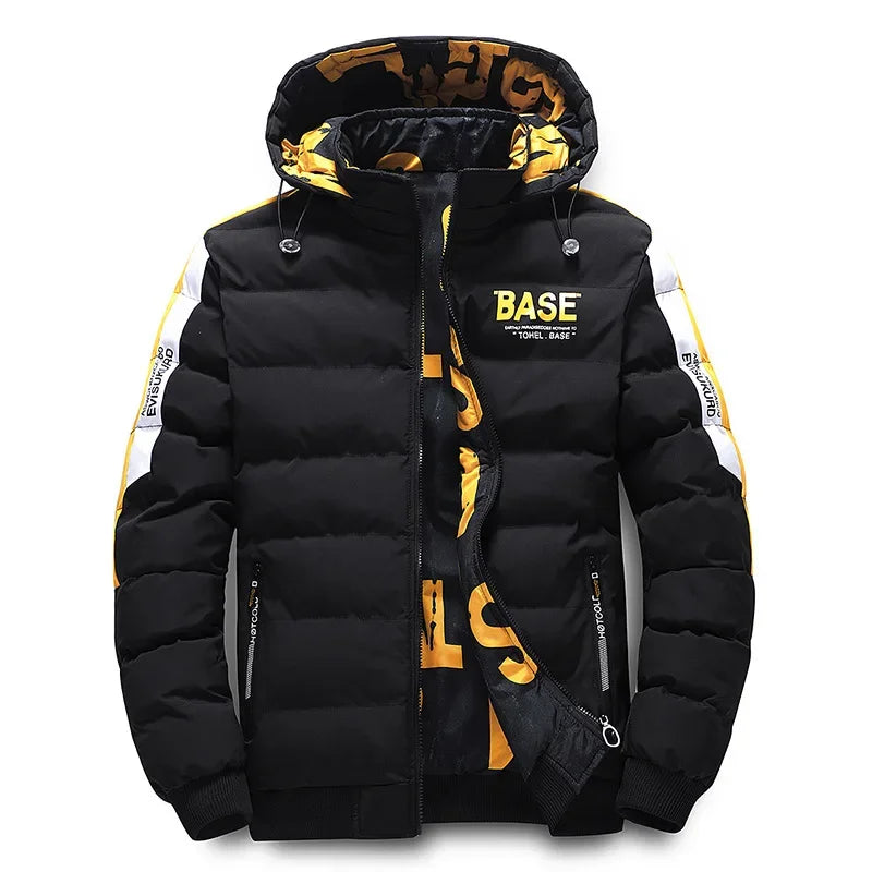 Men's black padded jacket water-resistant shell rugged urban fit bold detailing cold weather outerwear
