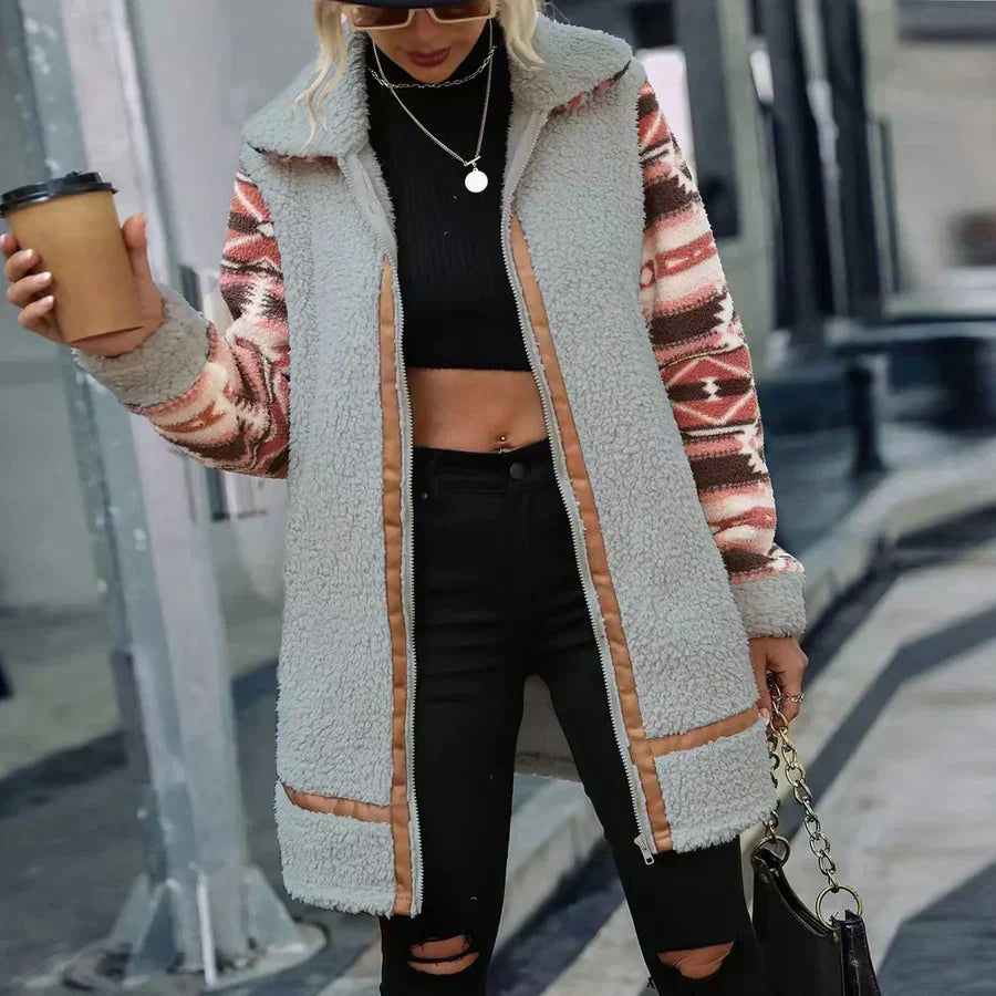 Women's luxurious fur coat warm insulation elegant casual winter wear earth-tone silhouette