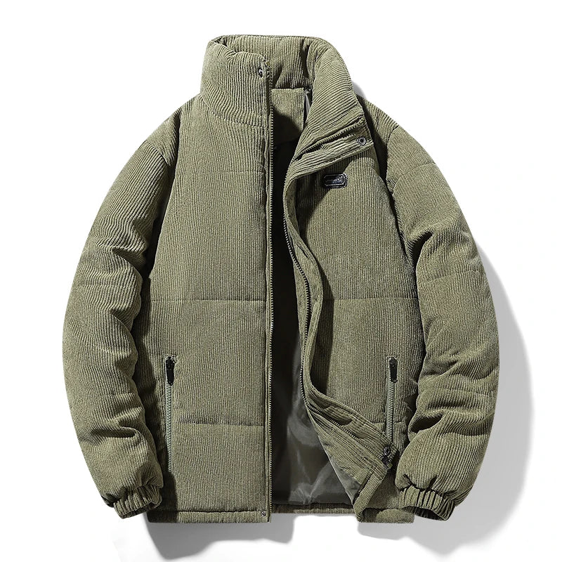 Men's black insulated padded weatherproof jacket with quilted design for cold winter warmth