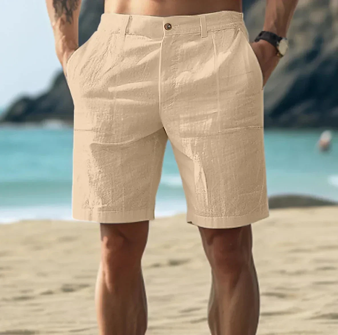 Men's beige linen blend shorts relaxed casual cut breathable lightweight summer comfort