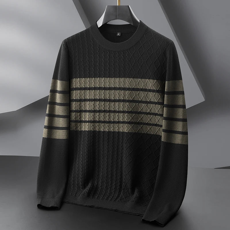 Men's dark split-cable knit sweater with diamond texture, bold horizontal lines, and layered contrast