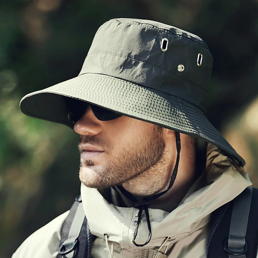 Packable sun hat with full neck coverage, breathable perforations, moisture-wicking sweatband, lightweight outdoor design