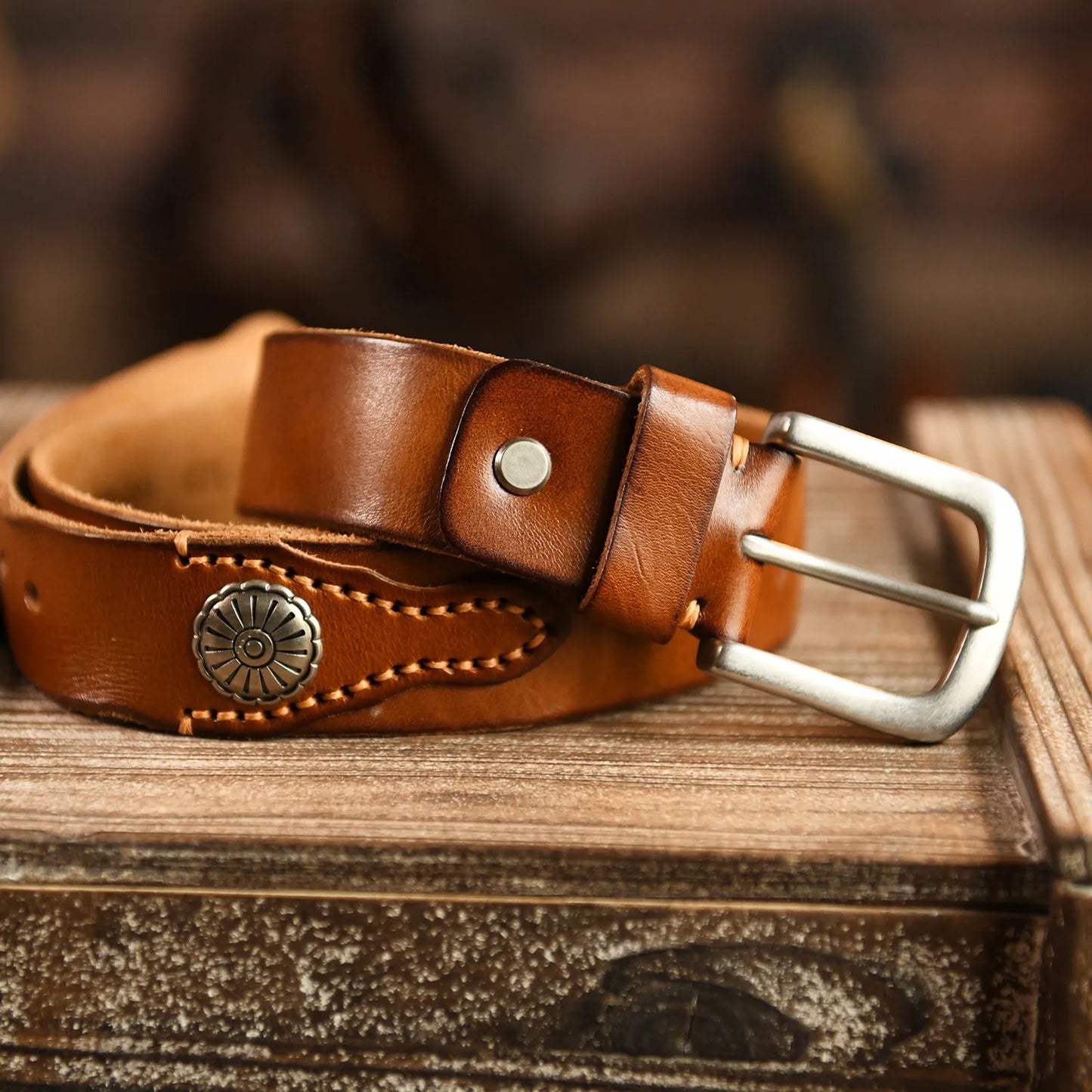 Men's distressed brown cowskin leather Western belt with rugged finish and authentic character