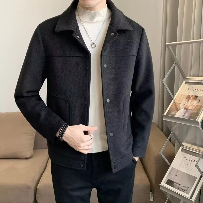 Men's slim fit wool blend short jacket Korean style cropped silhouette versatile outerwear