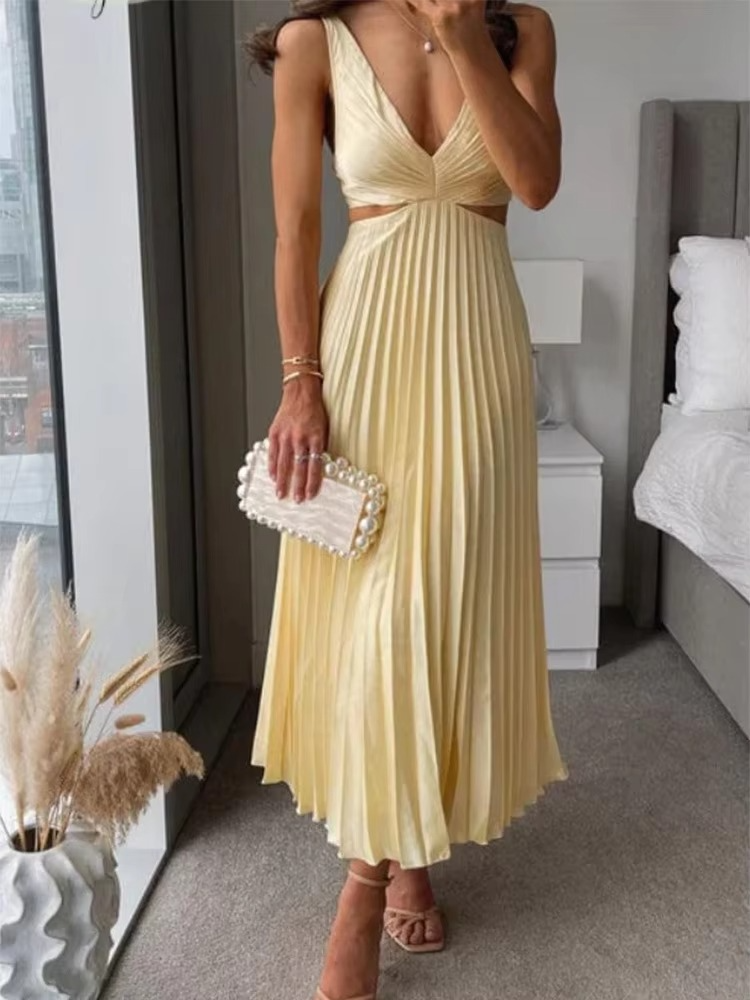 Sleeveless maxi dress deep V neck pleated high waist lightweight breathable soft-touch fabric women summer