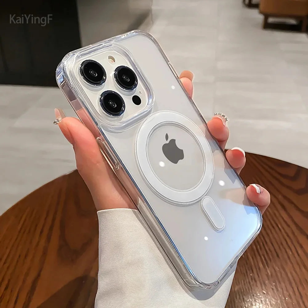 Slim clear MagSafe iPhone case with raised camera protection and shock-absorbent transparent shell