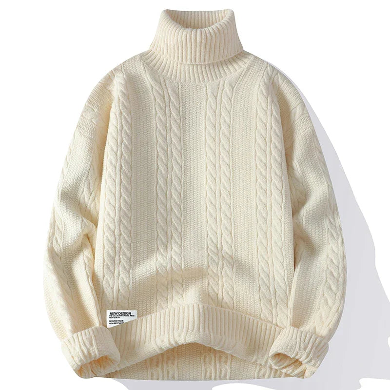 Women's slim-fit cable knit turtleneck sweater in neutral tone with full textured pattern