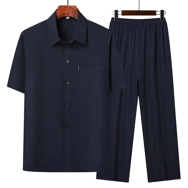 Men's beige lapel collar short-sleeve top and loose pants breathable summer matching set