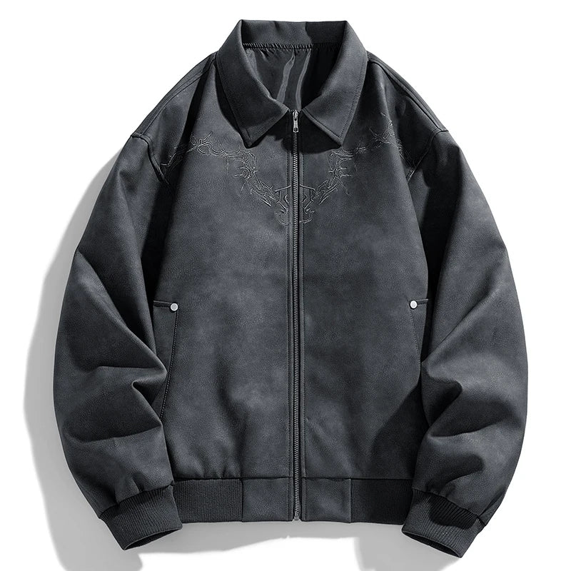 Anthrax black faux suede oversized jacket with embroidered pattern and studded pockets edgy streetwear