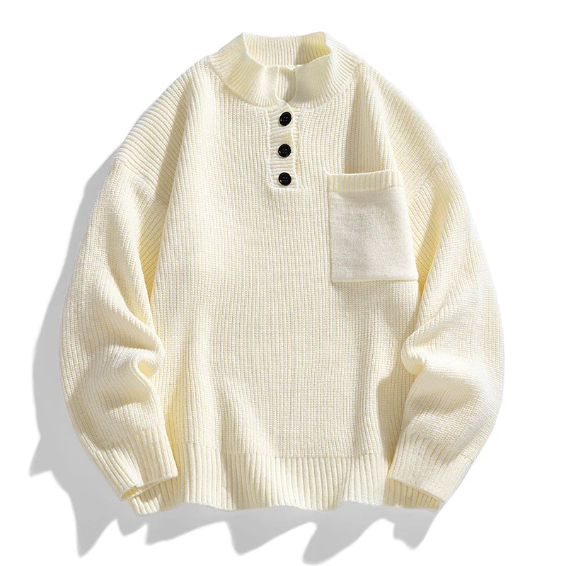 Men's winter knit pullover with buttoned neckline, cozy classic fit for casual layering