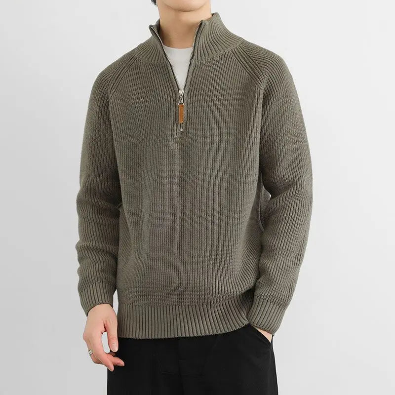 Men's ribbed mock neck half-zip sweater in neutral tone, cozy casual fit with textured knit detail