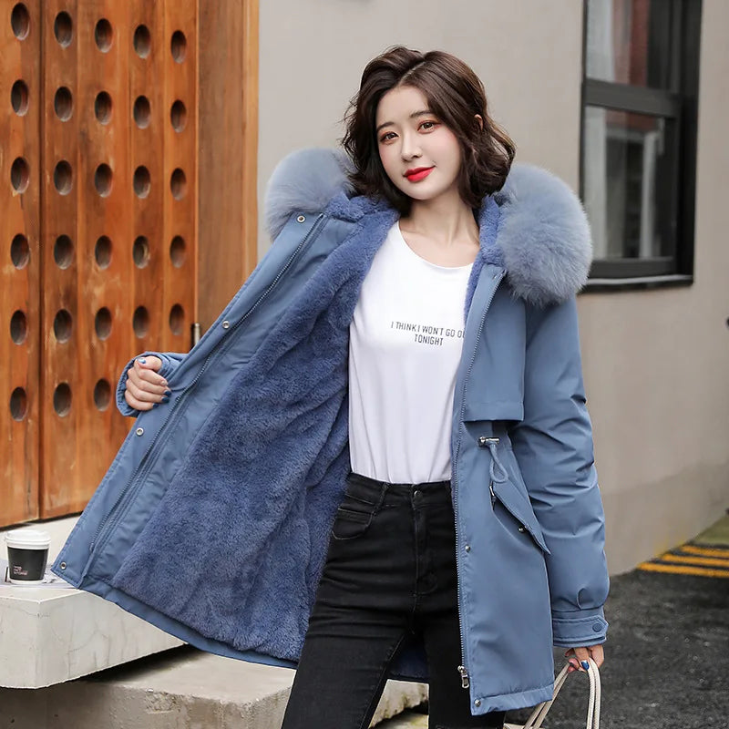 Women's winter jacket with detachable fur collar hood, lined outerwear for cold weather refined style