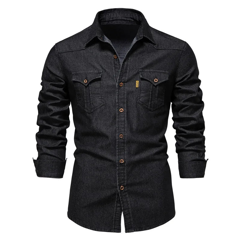 Men's classic blue denim button-up shirt with sturdy fabric and versatile everyday fit