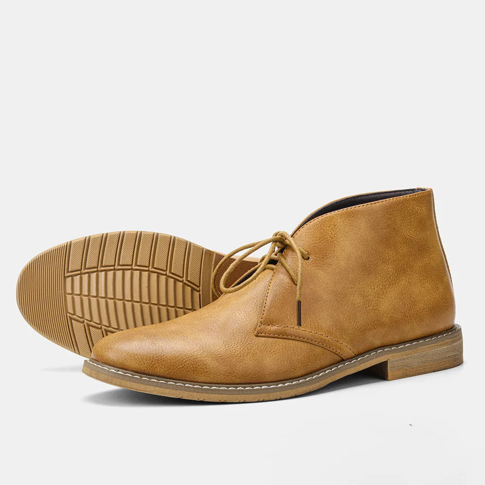 Men's tan genuine leather desert boot with timeless silhouette and non-slip rubber sole