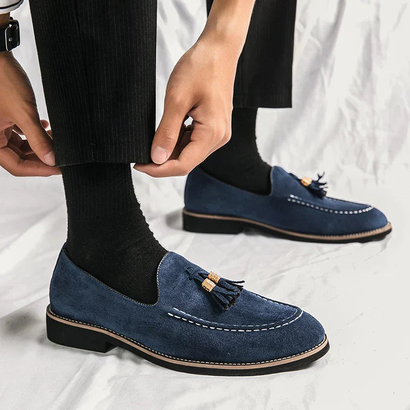 Men's brown suede tassel loafers slip-on moccasins with classic streamlined cut everyday comfort