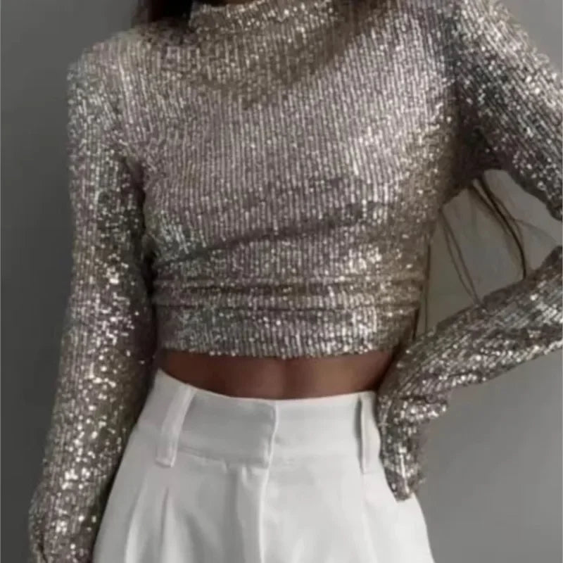 Women's sequined lace cropped top long sleeves round neckline sparkling eveningwear black silver beige