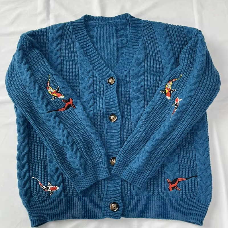 Women's autumn red maple leaf embroidered midweight knit cardigan with cozy seasonal charm