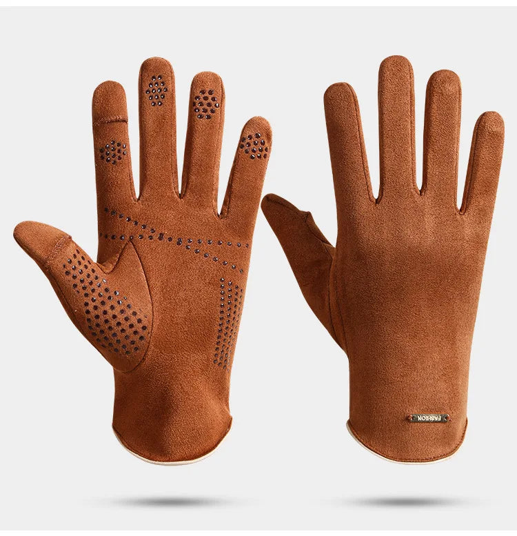 Black form-fitting utility gloves with studded trim and contrast detail for women's casual style