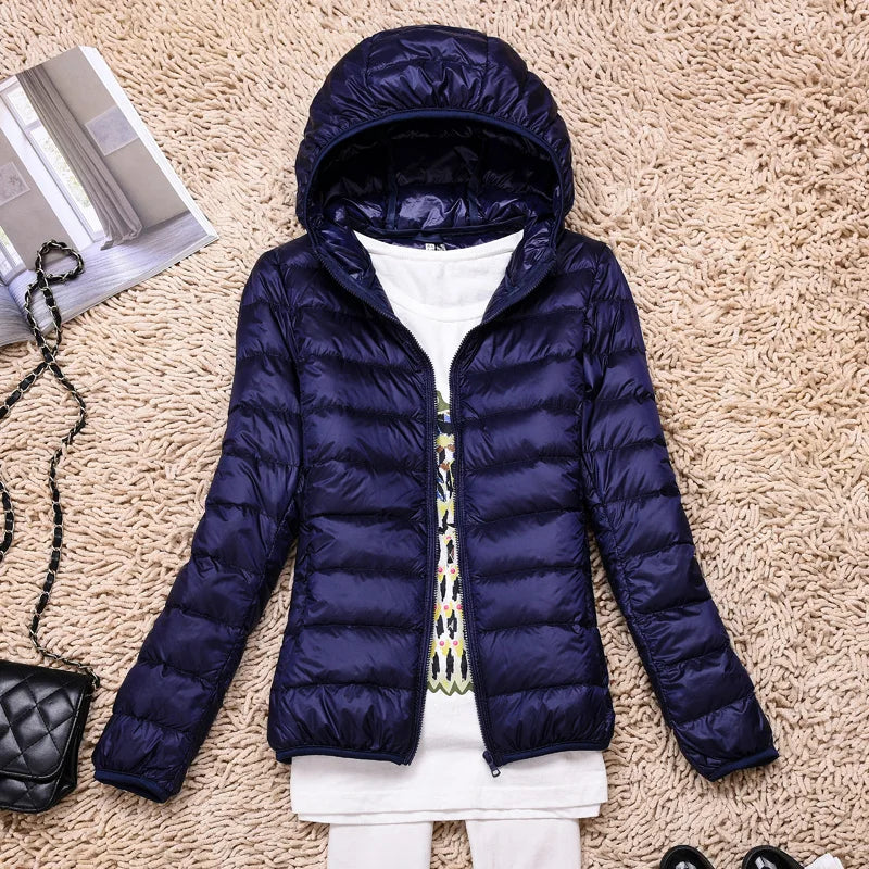 Women's taupe ultralight packable long down jacket with hood, travel-ready everyday warmth
