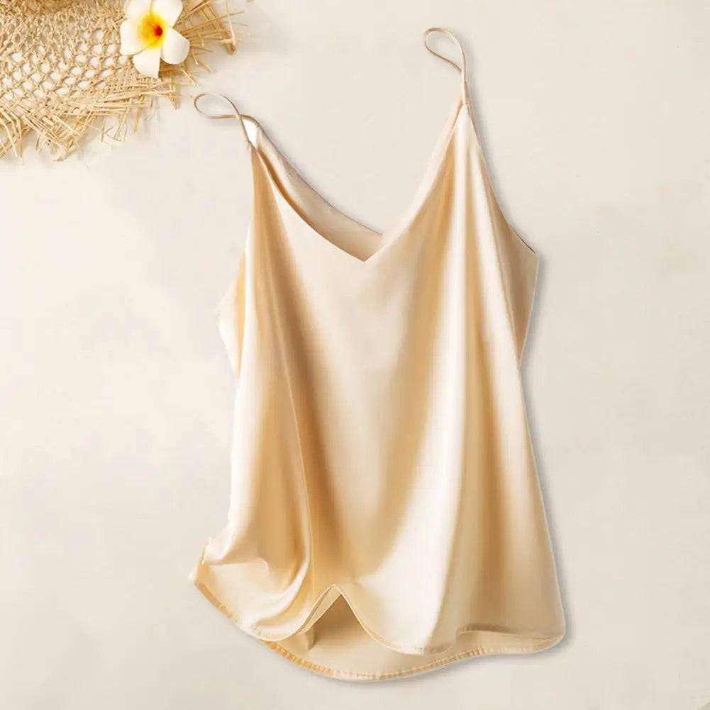 Women's satin silk cami top with spaghetti straps, V-neck halter detail, lightweight luxury fit