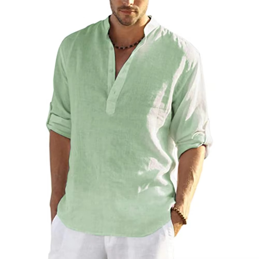 Men's cotton linen casual shirt relaxed fit long sleeve lightweight breathable everyday style