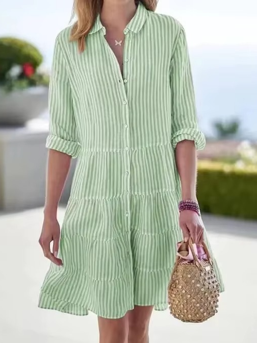 Women's oversized striped shirt dress with turn-down collar and long sleeves for all-day comfort