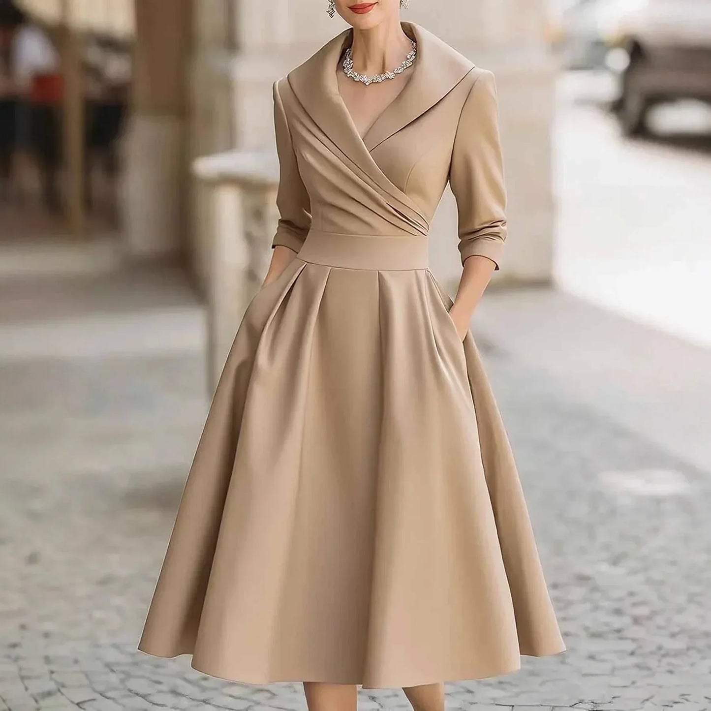 Elegant pleated midi dress with wrapped bodice, structured skirt, feminine silhouette for evening events