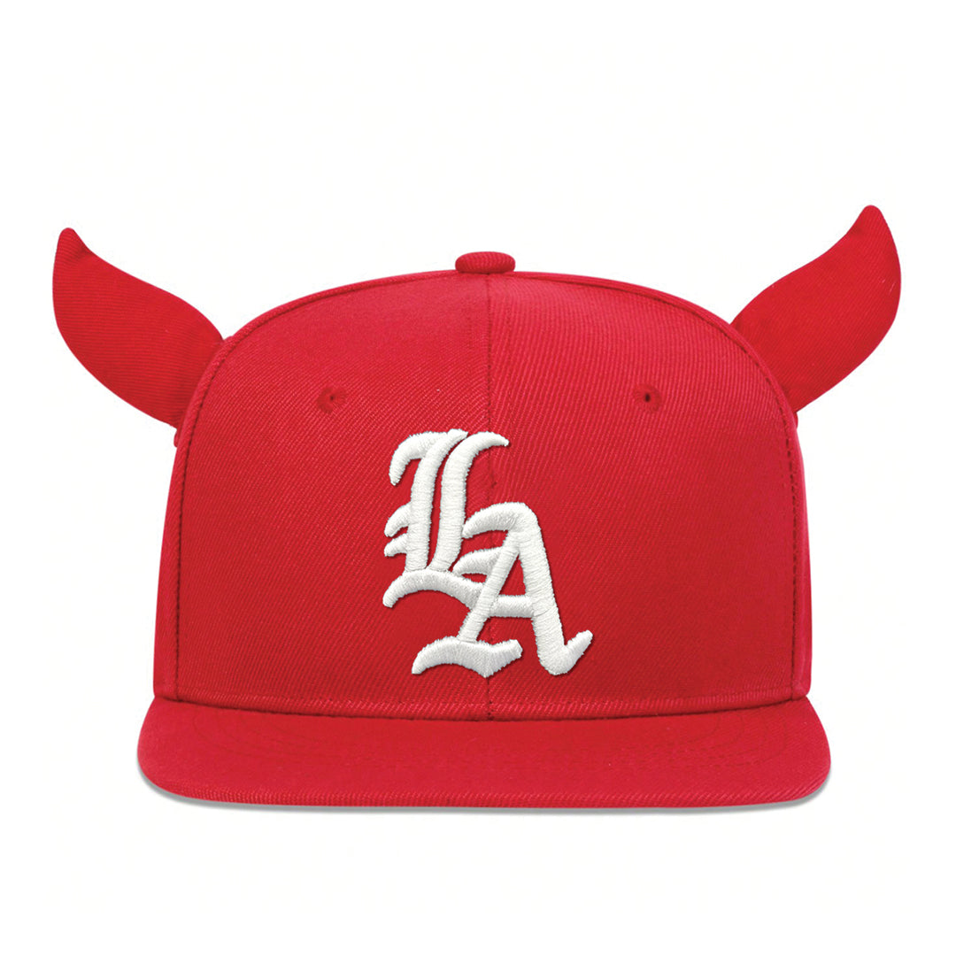 Black structured snapback cap with gothic LA embroidery and bold horned detail for streetwear