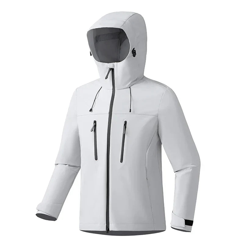 Women's minimal white ski jacket structured fit cold weather layering clean modern silhouette