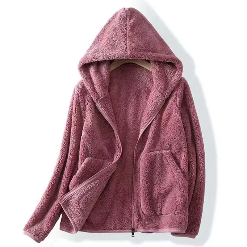Women's cozy hooded zip jacket in neutral tone, relaxed everyday fit with warm fleece lining