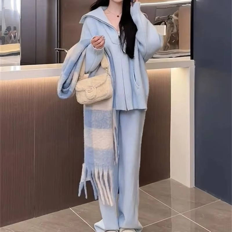 Women's knit two-piece set with zip sweater coat and wide-leg pants, effortless chic winter outfit
