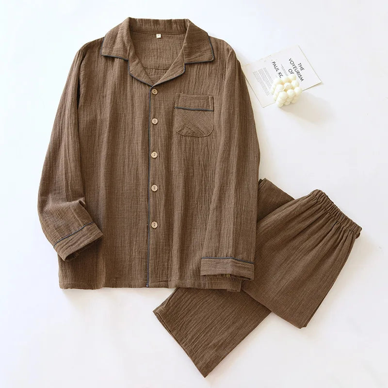 Women's cotton gauze pajama set in earthy plaid, oversized 2-piece lounge sleepwear with crease-textured finish