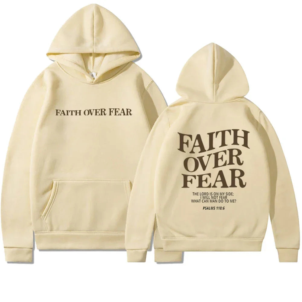 Women's oversized gray hoodie relaxed fit Faith Over Fear Bible verse print cozy sweatshirt