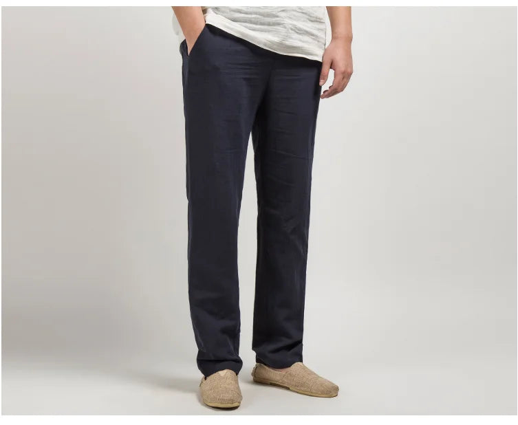 Men's linen trousers relaxed straight-leg fit breathable full-length casual smart neutral tone