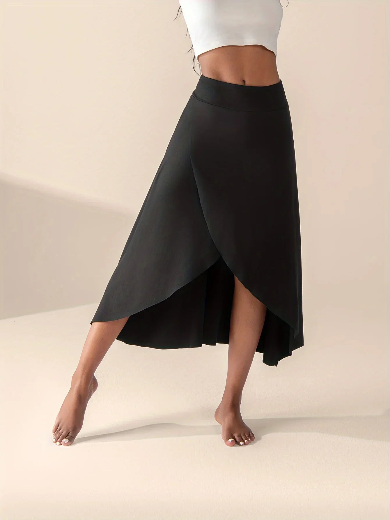 Women's flared wrap midi skirt with built-in culottes, asymmetrical hem, thigh-high slit, lightweight stretch