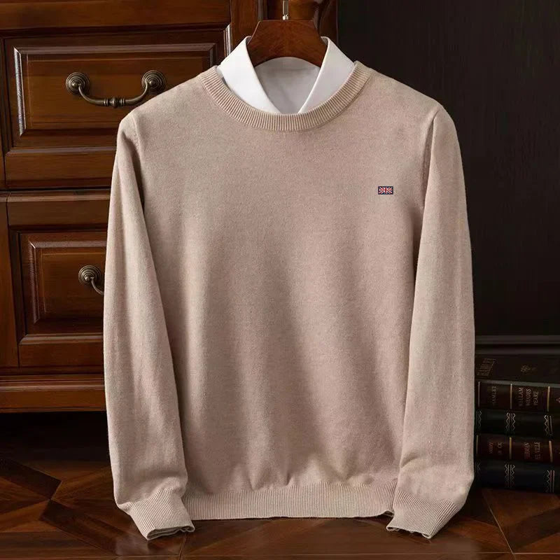 Lightweight crewneck knit sweater in smooth fine-knit texture, unisex minimalist layering essential